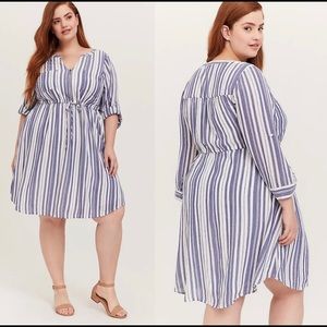 Torrid Blue and White stripe zip front drawstring shirt dress